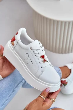 New Buty damskie Vinceza Skórzane Sneakersy Damskie Na Platformie Z Przypinką I Ozdobnym Kwiatem 89100 Białe