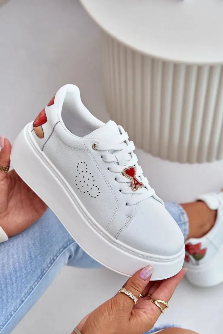 New Buty damskie Vinceza Skórzane Sneakersy Damskie Na Platformie Z Przypinką I Ozdobnym Kwiatem 89100 Białe