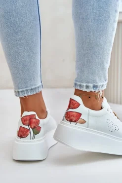 New Buty damskie Vinceza Skórzane Sneakersy Damskie Na Platformie Z Przypinką I Ozdobnym Kwiatem 89100 Białe