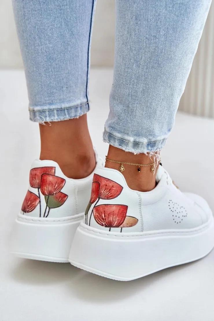 New Buty damskie Vinceza Skórzane Sneakersy Damskie Na Platformie Z Przypinką I Ozdobnym Kwiatem 89100 Białe