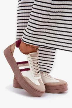 Damskie Zazoo Skórzane Sneakersy Damskie Na Platformie N1234 Beżowo-Bordowe