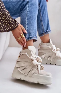 Hot CheBello Skórzane Sneakersy Damskie Na Masywnej Platformie 4561 Beżowe Beżowy