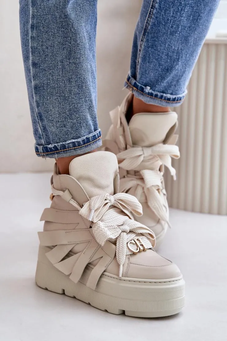 Hot CheBello Skórzane Sneakersy Damskie Na Masywnej Platformie 4561 Beżowe Beżowy