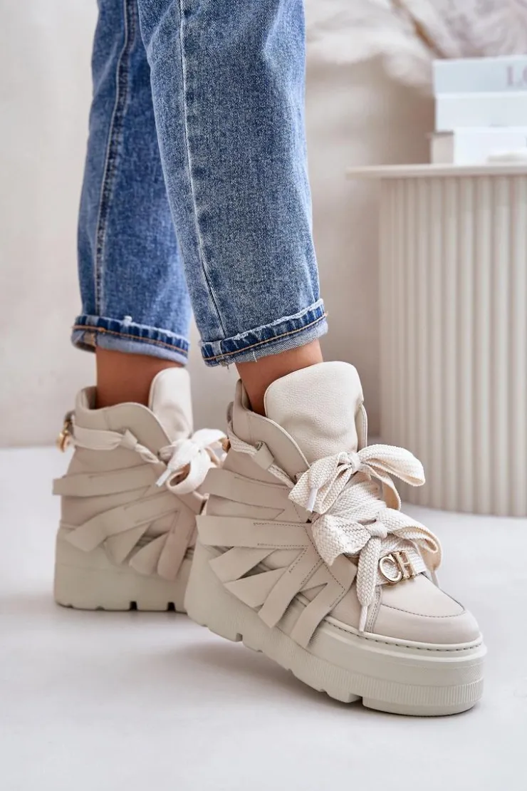 Hot CheBello Skórzane Sneakersy Damskie Na Masywnej Platformie 4561 Beżowe Beżowy