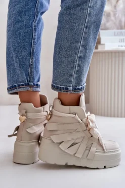 Hot CheBello Skórzane Sneakersy Damskie Na Masywnej Platformie 4561 Beżowe Beżowy