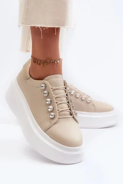 Damskie buty S.Barski Sneakersy Damskie*Skórzane Sneakersy Damskie Na Masywnej Platformie Beżowe S.Barski LR628