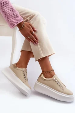 Damskie buty S.Barski Sneakersy Damskie*Skórzane Sneakersy Damskie Na Masywnej Platformie Beżowe S.Barski LR628