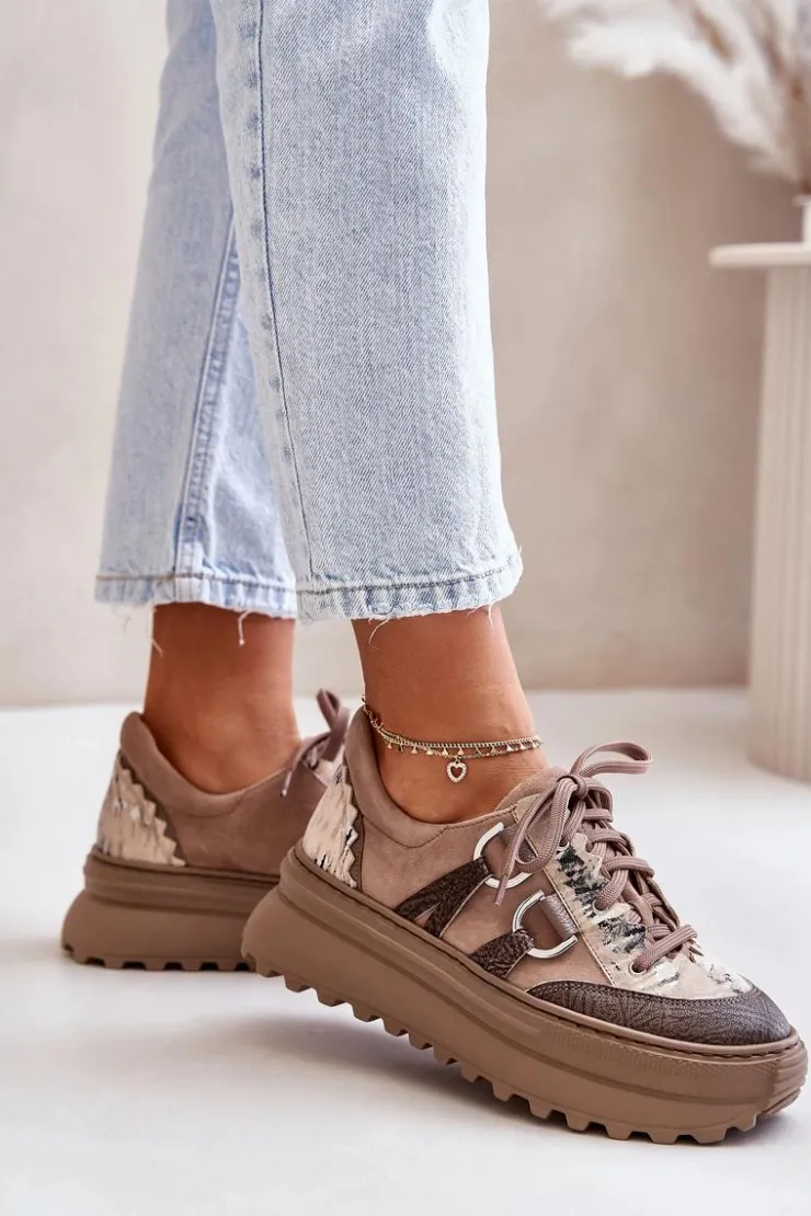 Damskie Maciejka Skórzane Sneakersy Damskie Na Platformie 06562-10 Ciemnobeżowe