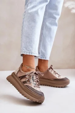 Damskie Maciejka Skórzane Sneakersy Damskie Na Platformie 06562-10 Ciemnobeżowe