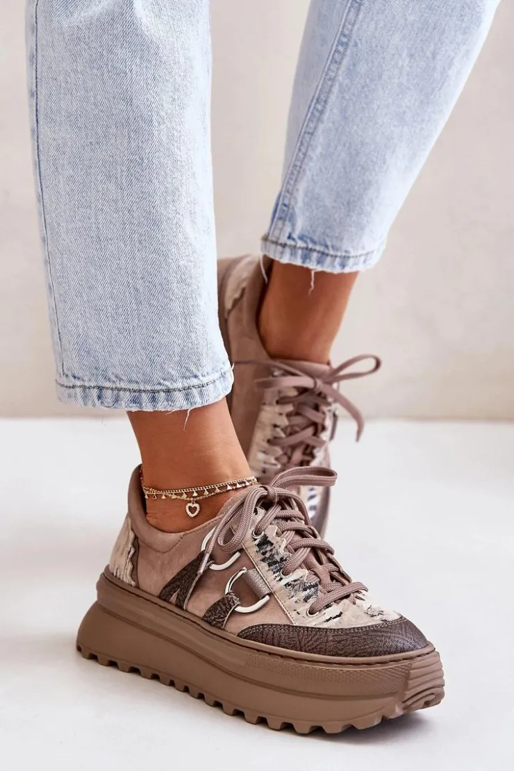 Damskie Maciejka Skórzane Sneakersy Damskie Na Platformie 06562-10 Ciemnobeżowe