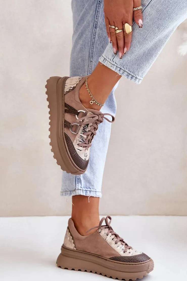 Damskie Maciejka Skórzane Sneakersy Damskie Na Platformie 06562-10 Ciemnobeżowe