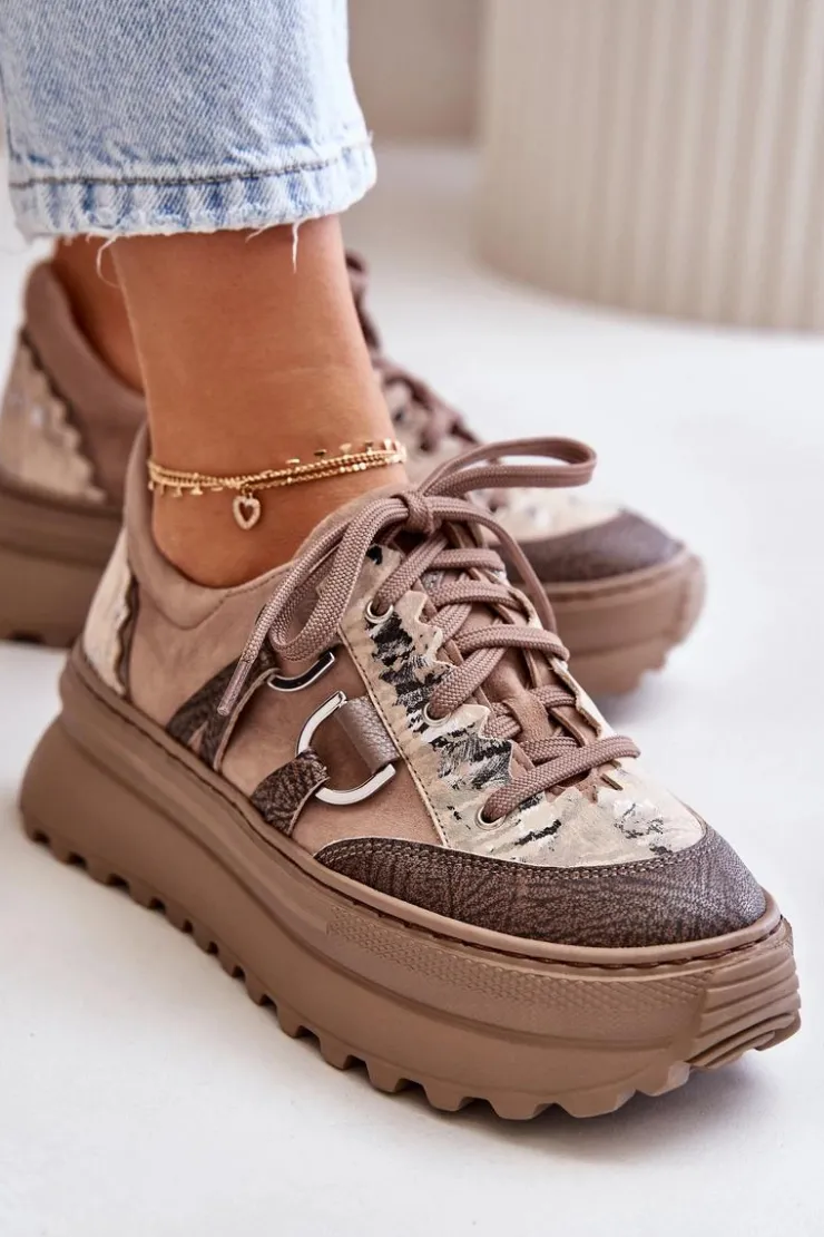 Damskie Maciejka Skórzane Sneakersy Damskie Na Platformie 06562-10 Ciemnobeżowe