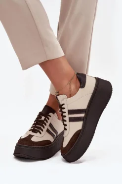 Damskie Zazoo Skórzane Sneakersy Damskie Na Platformie 3775 Beżowo-Czekoladowe