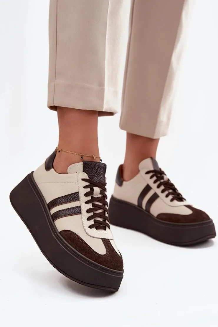 Damskie Zazoo Skórzane Sneakersy Damskie Na Platformie 3775 Beżowo-Czekoladowe