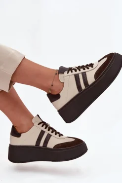 Damskie Zazoo Skórzane Sneakersy Damskie Na Platformie 3775 Beżowo-Czekoladowe