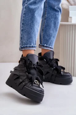 Damskie CheBello Skórzane Sneakersy Damskie Na Masywnej Platformie 4561 Czarne