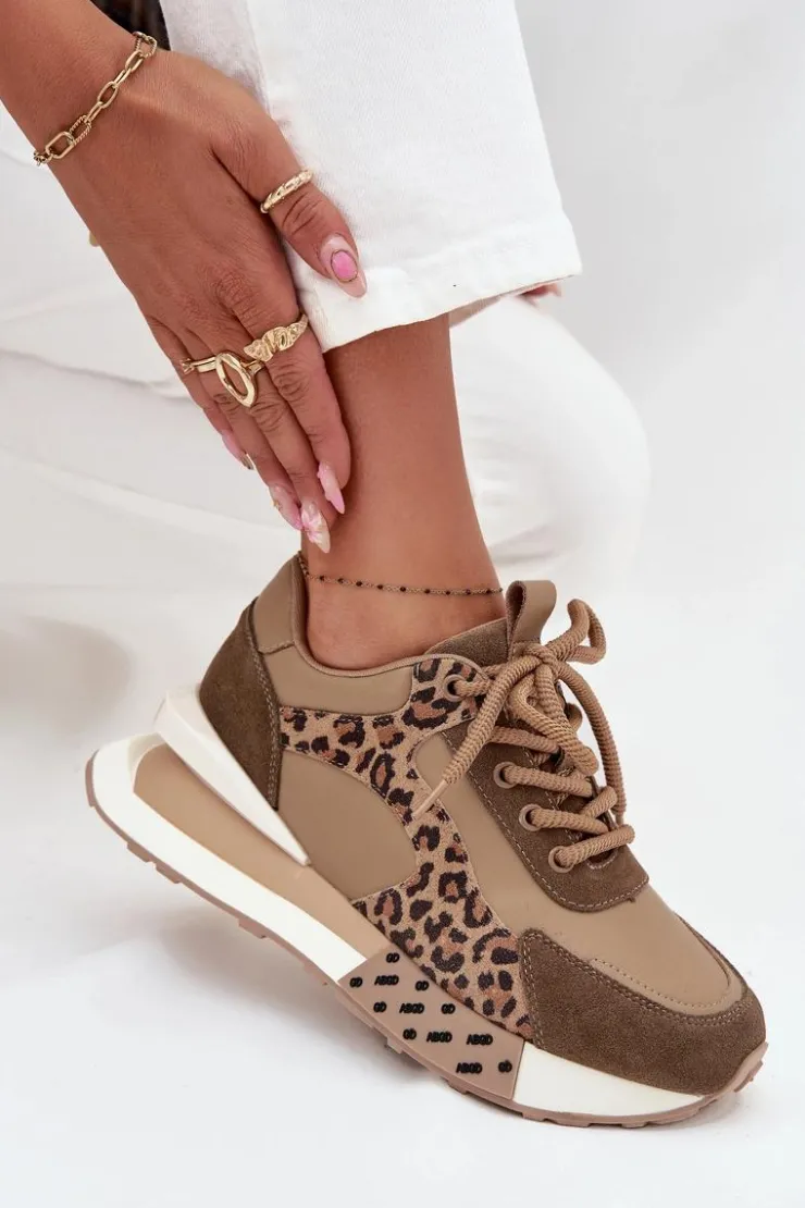 New Artiker Skórzane Sneakersy Damskie Na Platformie Panterka 55C0089 Brązowe Brązowy