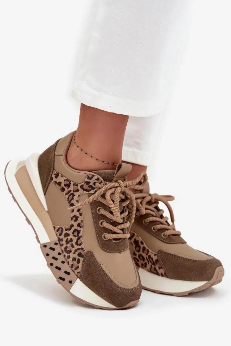 New Artiker Skórzane Sneakersy Damskie Na Platformie Panterka 55C0089 Brązowe Brązowy