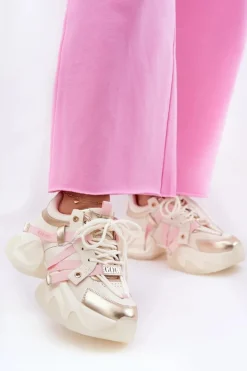 GOE Sneakersy Damskie*Skórzane Sneakersy Damskie Na Masywnej Podeszwie RR2N4031 Beżowe Beżowy