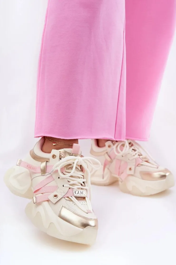 GOE Sneakersy Damskie*Skórzane Sneakersy Damskie Na Masywnej Podeszwie RR2N4031 Beżowe Beżowy