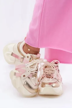 GOE Sneakersy Damskie*Skórzane Sneakersy Damskie Na Masywnej Podeszwie RR2N4031 Beżowe Beżowy