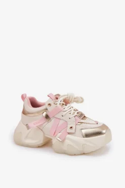 GOE Sneakersy Damskie*Skórzane Sneakersy Damskie Na Masywnej Podeszwie RR2N4031 Beżowe Beżowy