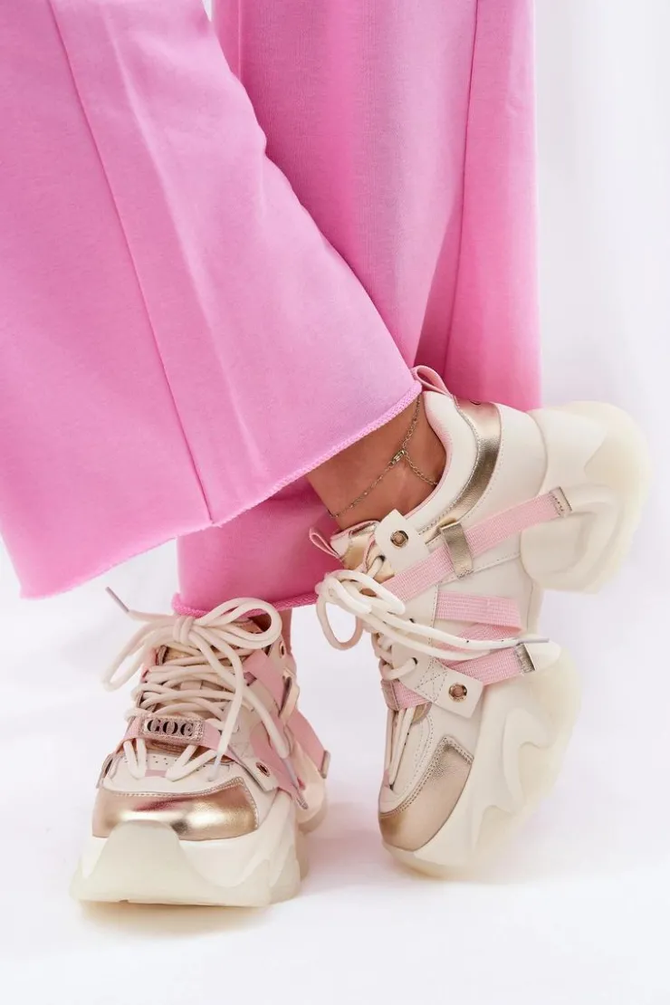 GOE Sneakersy Damskie*Skórzane Sneakersy Damskie Na Masywnej Podeszwie RR2N4031 Beżowe Beżowy