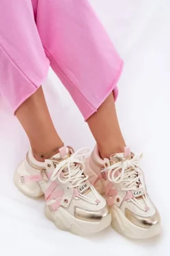 GOE Sneakersy Damskie*Skórzane Sneakersy Damskie Na Masywnej Podeszwie RR2N4031 Beżowe Beżowy