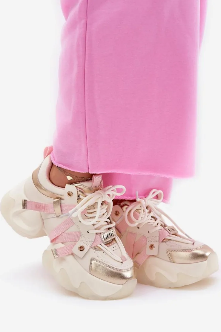 GOE Sneakersy Damskie*Skórzane Sneakersy Damskie Na Masywnej Podeszwie RR2N4031 Beżowe Beżowy