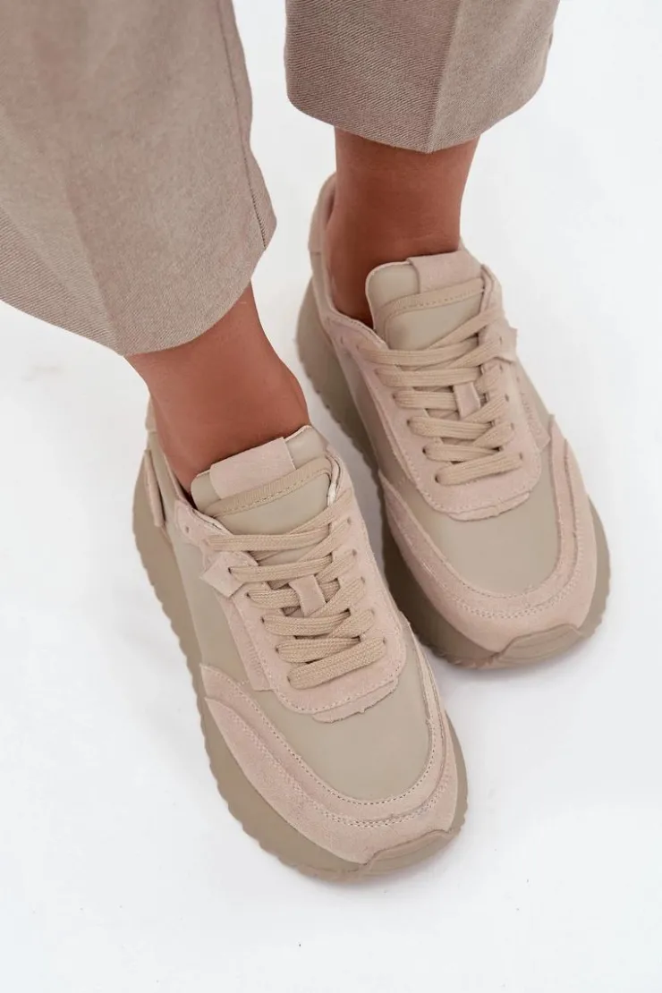 Damskie Artiker Skórzane Sneakersy Damskie Na Platformie 55C0021 Beżowe
