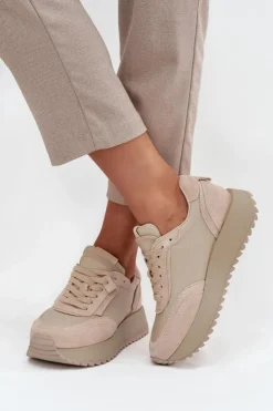 Damskie Artiker Skórzane Sneakersy Damskie Na Platformie 55C0021 Beżowe