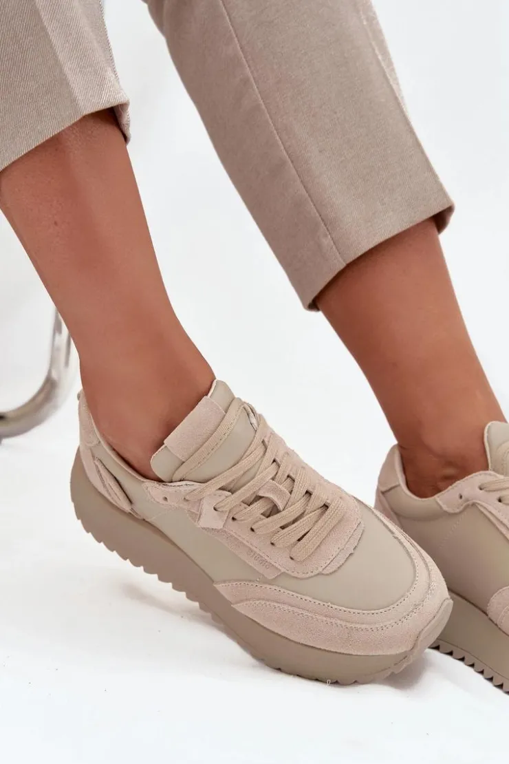 Damskie Artiker Skórzane Sneakersy Damskie Na Platformie 55C0021 Beżowe