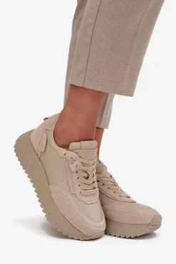 Damskie Artiker Skórzane Sneakersy Damskie Na Platformie 55C0021 Beżowe
