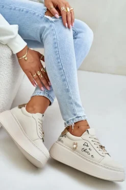 Buty damskie Vinceza Sneakersy Damskie*Skórzane Sneakersy Damskie Na Platformie Z Przypinkami I Napisem Vinceza 89102 Beżowe Beżowy