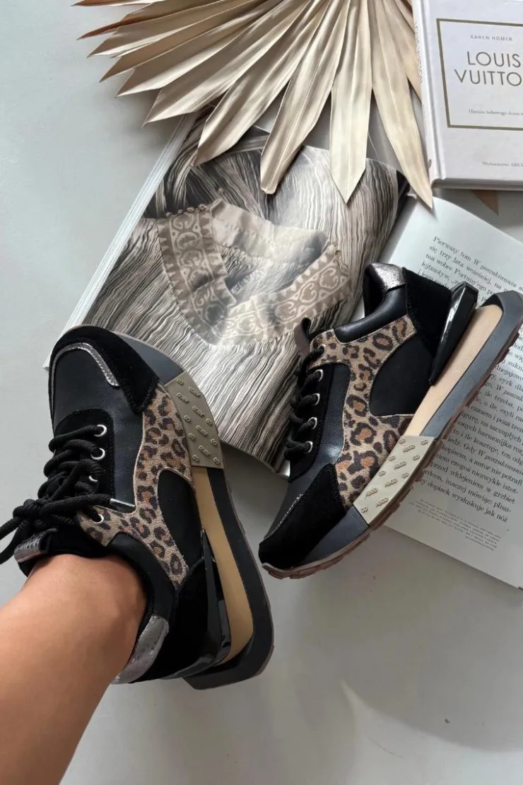 Artiker Buty Sportowe Na Platformie|Półbuty Skórzane*Skórzane Sneakersy Damskie Na Platformie Panterka 55C0134 Czarne Czarny