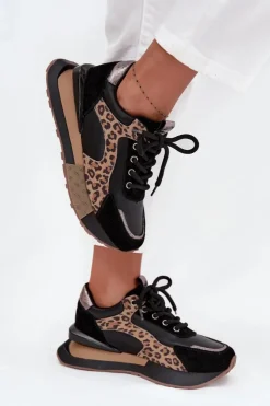 Artiker Buty Sportowe Na Platformie|Półbuty Skórzane*Skórzane Sneakersy Damskie Na Platformie Panterka 55C0134 Czarne Czarny