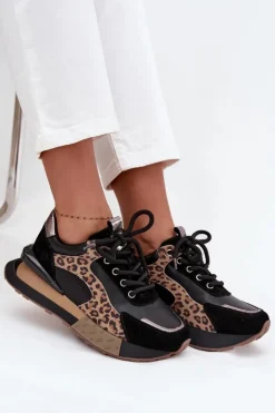 Artiker Buty Sportowe Na Platformie|Półbuty Skórzane*Skórzane Sneakersy Damskie Na Platformie Panterka 55C0134 Czarne Czarny