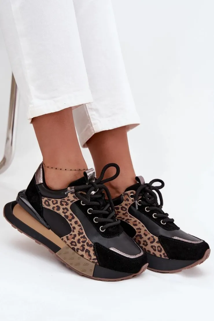 Artiker Buty Sportowe Na Platformie|Półbuty Skórzane*Skórzane Sneakersy Damskie Na Platformie Panterka 55C0134 Czarne Czarny