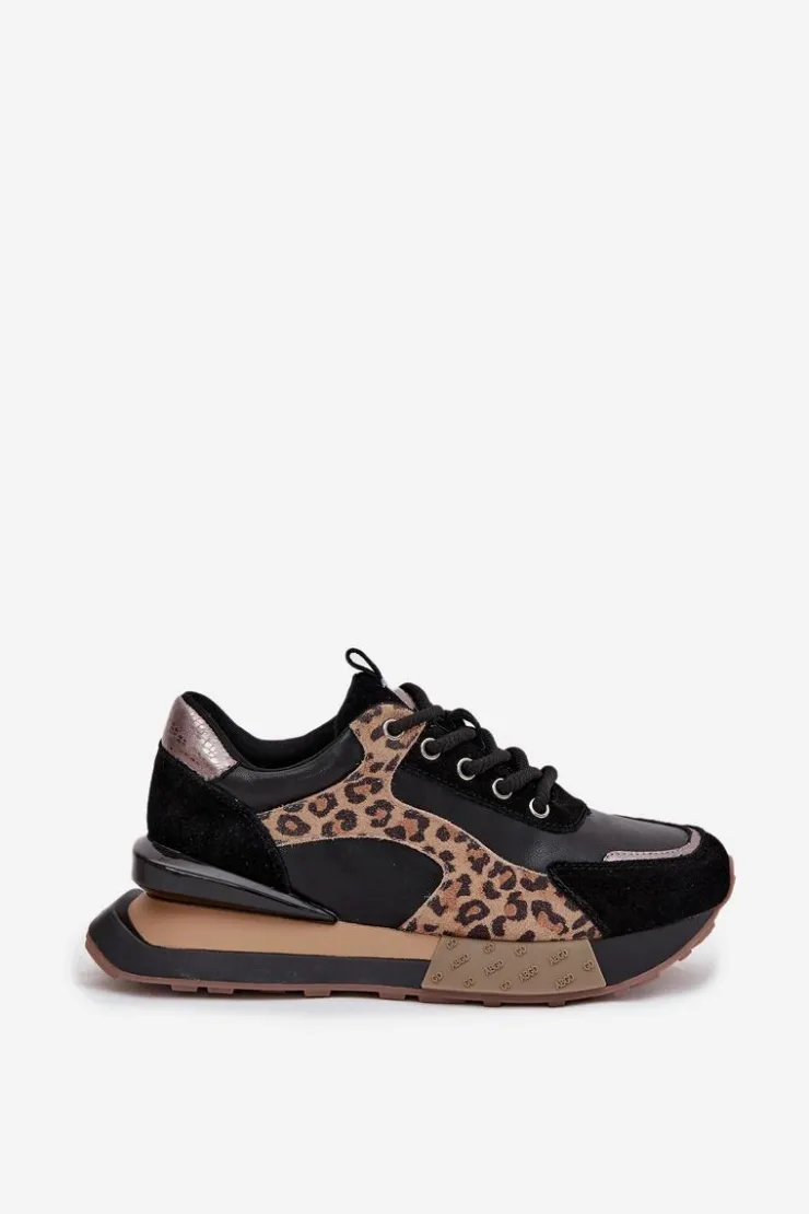 Artiker Buty Sportowe Na Platformie|Półbuty Skórzane*Skórzane Sneakersy Damskie Na Platformie Panterka 55C0134 Czarne Czarny