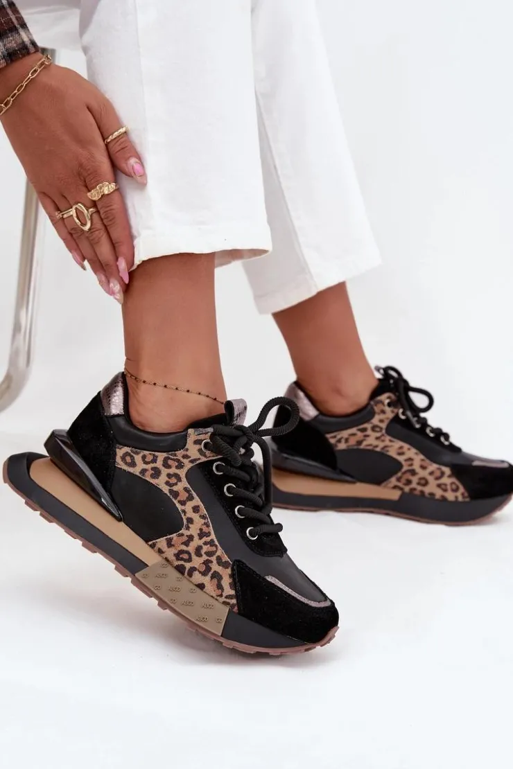 Artiker Buty Sportowe Na Platformie|Półbuty Skórzane*Skórzane Sneakersy Damskie Na Platformie Panterka 55C0134 Czarne Czarny