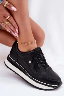 Big Star Shoes Buty Sportowe Na Platformie|Buty Sportowe Big Star*Skórzane Sneakersy Damskie Na Platformie Big Star RR274A335 Czarne