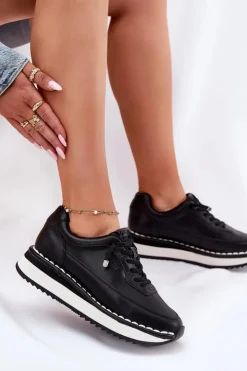 Big Star Shoes Buty Sportowe Na Platformie|Buty Sportowe Big Star*Skórzane Sneakersy Damskie Na Platformie Big Star RR274A335 Czarne