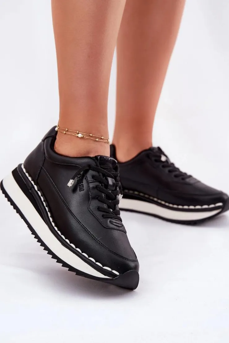 Big Star Shoes Buty Sportowe Na Platformie|Buty Sportowe Big Star*Skórzane Sneakersy Damskie Na Platformie Big Star RR274A335 Czarne