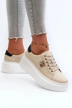 Hot Boto Skórzane Sneakersy Damskie Na Platformie Beżowe Pernalia