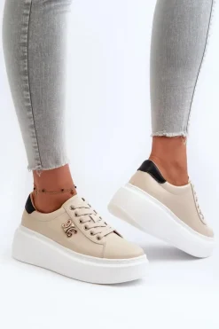 Hot Boto Skórzane Sneakersy Damskie Na Platformie Beżowe Pernalia