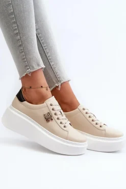 Hot Boto Skórzane Sneakersy Damskie Na Platformie Beżowe Pernalia