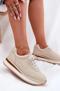 Discount Big Star Shoes Skórzane Sneakersy Damskie Na Platformie Big Star RR274A334 Beżowe Beżowy