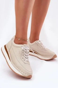 Discount Big Star Shoes Skórzane Sneakersy Damskie Na Platformie Big Star RR274A334 Beżowe Beżowy