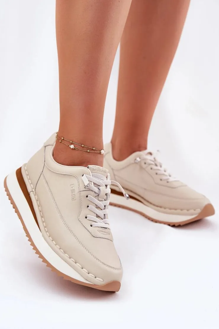 Discount Big Star Shoes Skórzane Sneakersy Damskie Na Platformie Big Star RR274A334 Beżowe Beżowy