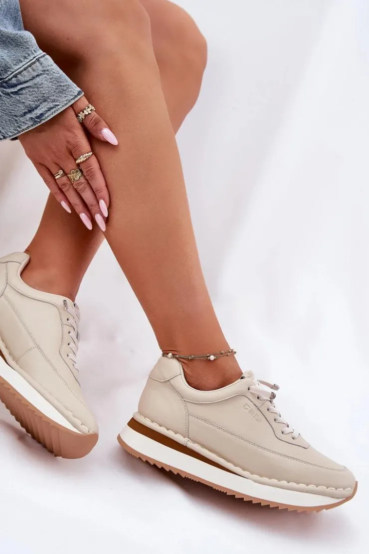 Discount Big Star Shoes Skórzane Sneakersy Damskie Na Platformie Big Star RR274A334 Beżowe Beżowy